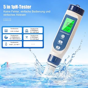 Pious 5-in-1 pH Meter with pH Value EC TDS Temp & Salinity Meter