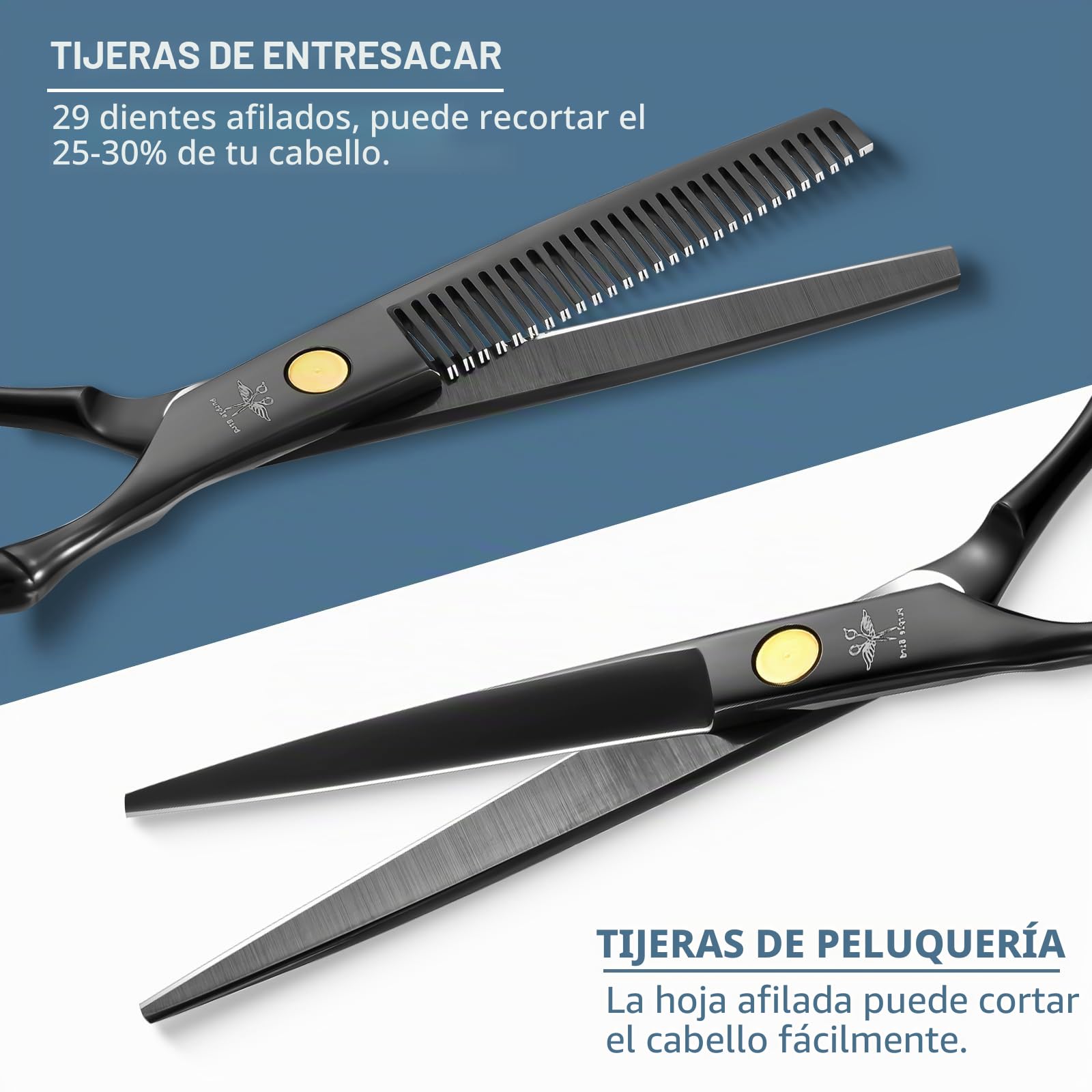 PURPLEBIRD Juego Tijeras Peluquería 10 Piezas Acero Inoxidable Negro | Juego versátil para corte de cabello con accesorios completos, adecuado para uso doméstico o profesional.