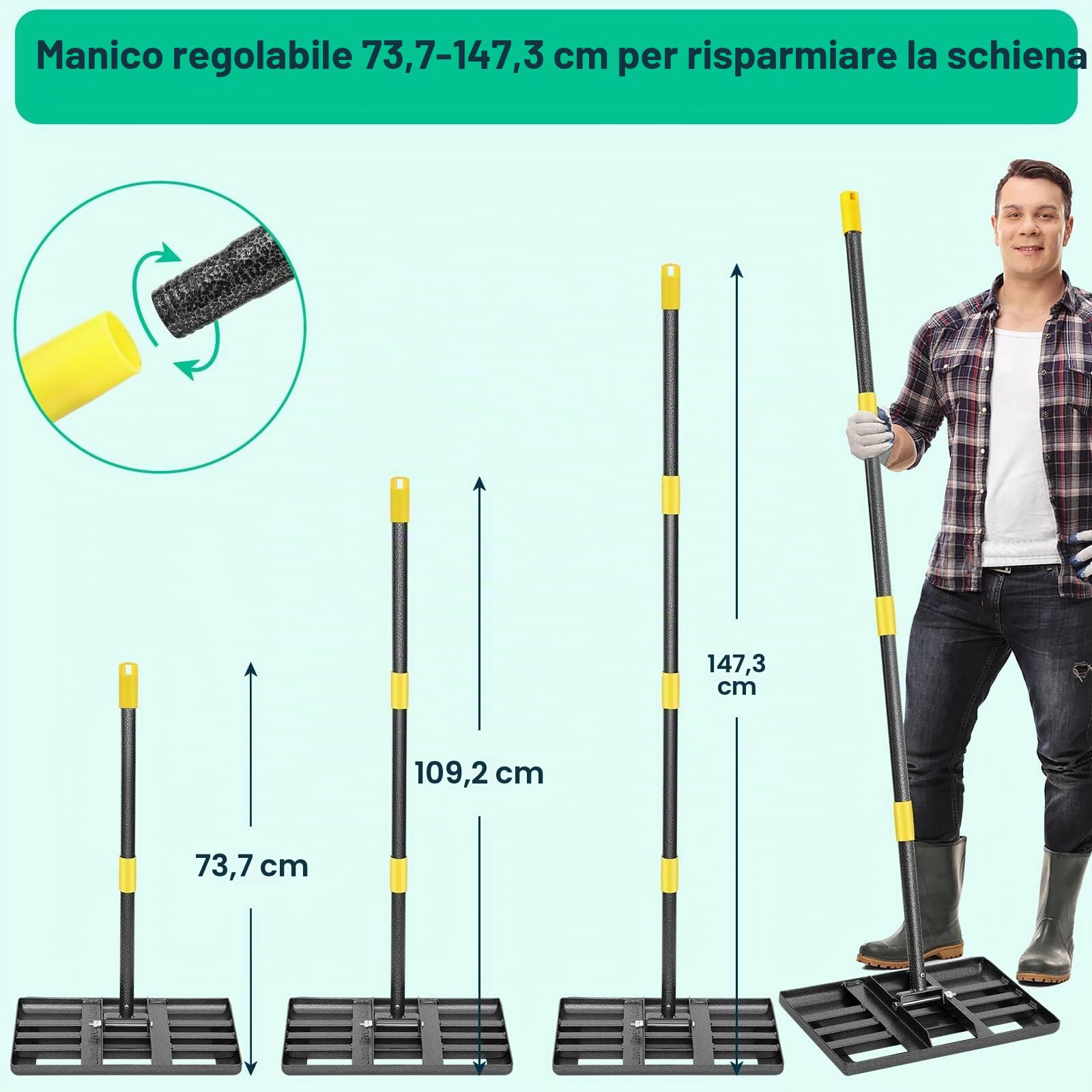 Rastrello per livellamento da prato in metallo, 182 cm, per il golf, il giardino, la superficie, in acciaio inossidabile, 43 x 25 cm (182 cm)