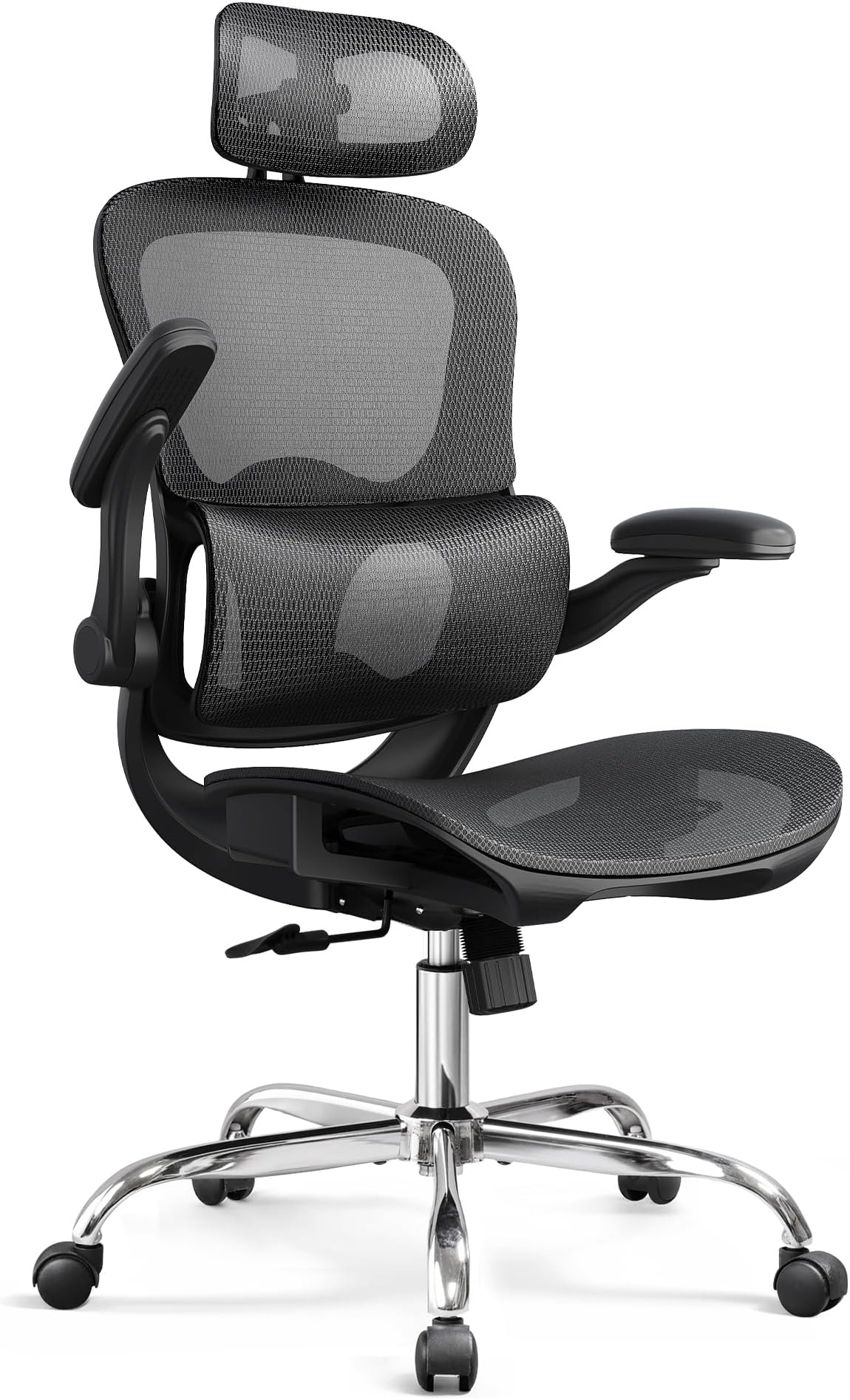 Ergonomic Mesh Home Office Desk Chair with Lumbar Support, High Back Reclining Computer Gaming Chair with Flip-up Armrests, 3D Headrest, Tilt Lock, Heavy Duty, SGS Class 4 Gas Lift, Black