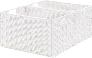 Vagusicc Wicker Storage Basket, Set of 2 Hand-Woven Paper Rope Wicker Basket, Large Storage Baskets for Organizing, Foldable Large Cube Storage Organizer Bins for Shelves (White)