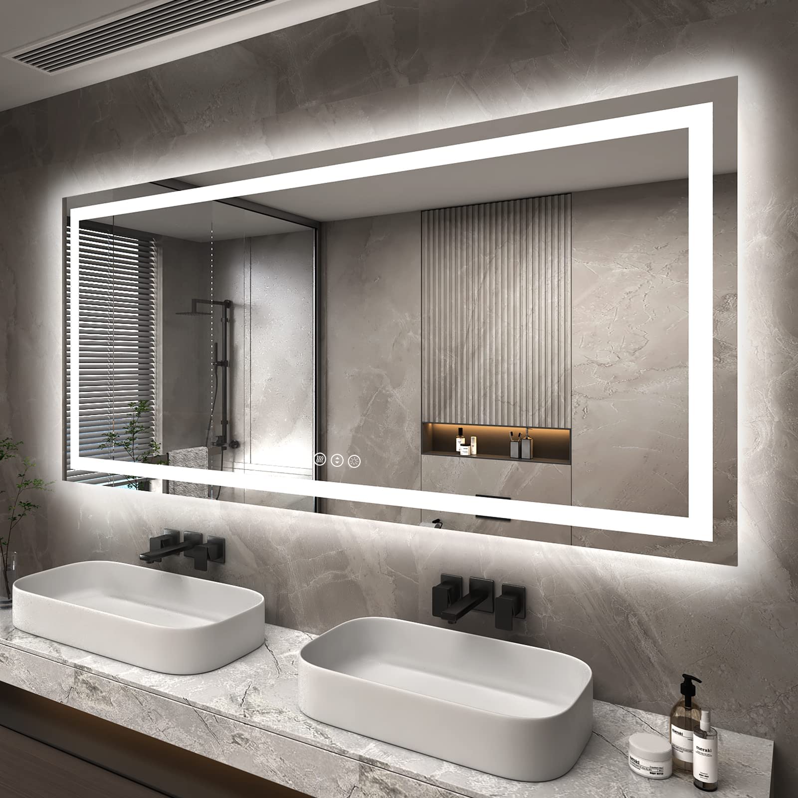led lighted mirror for bathroom wall 72x36, large vanity mirror with lights, dimmable, anti-fog, etl listed (front lit and backlit)