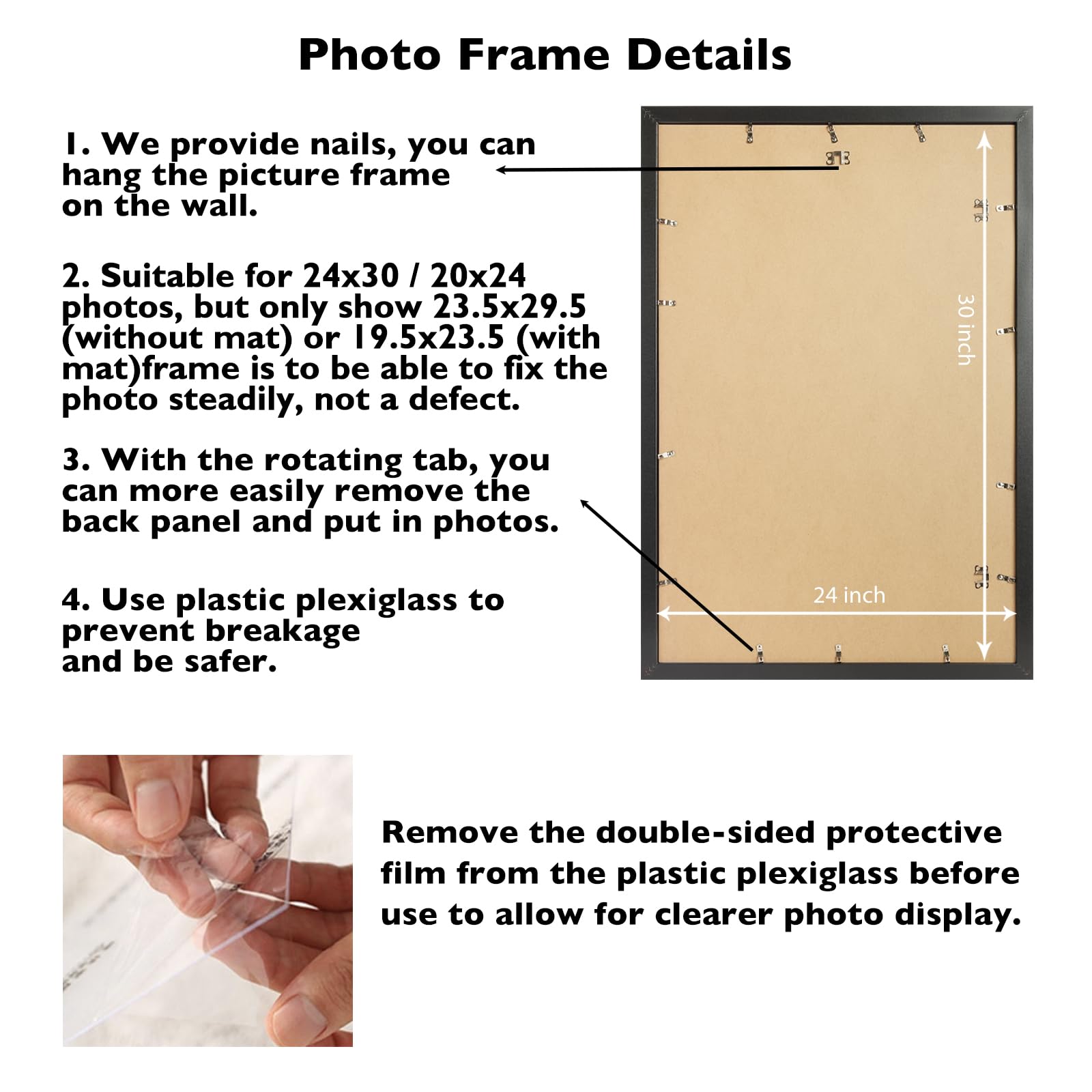 JCJMY Cornice portafoto 24 x 30 cm con tappetino 50 x 61 cm, foto 20 x 24 con passepartout o 24 x 30 senza tappetino, da appendere alla parete, cornice grande per poster da 61 x 76 cm con plexiglass