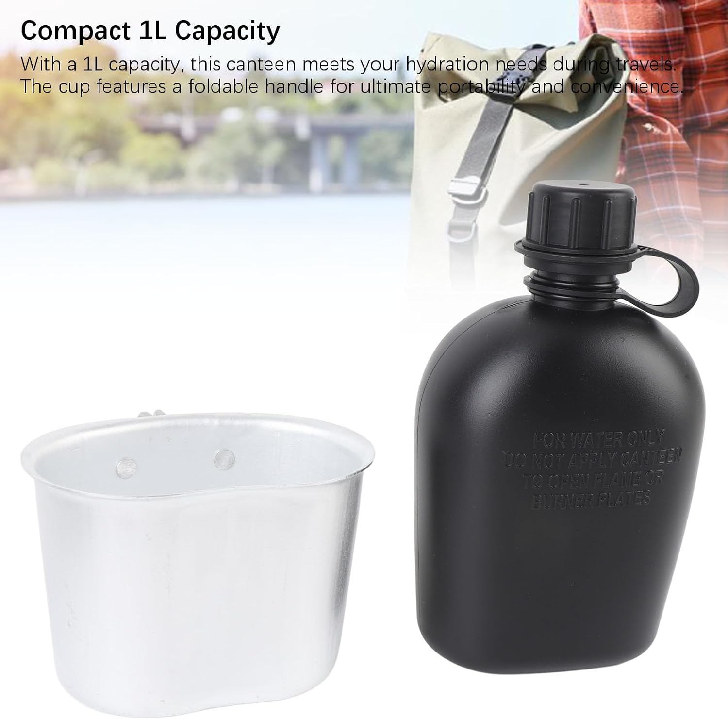 Outdoor Canteen Kit PE 1L Canteen Water Bottle with Bottle Pouch and Cup for Camping Hiking Backpacking (Black)