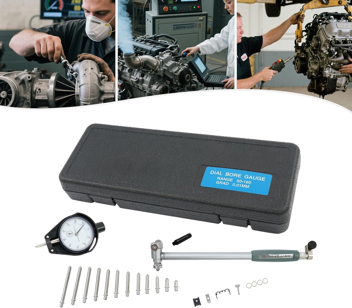 Dial Bore Gauge Kit 50-160mm (2"-6.3"), Cylinder Measurement Tool with 0.00039" Accuracy, Hard Case, Multiple Anvils for Engine Cylinder Bore Precision Measuring