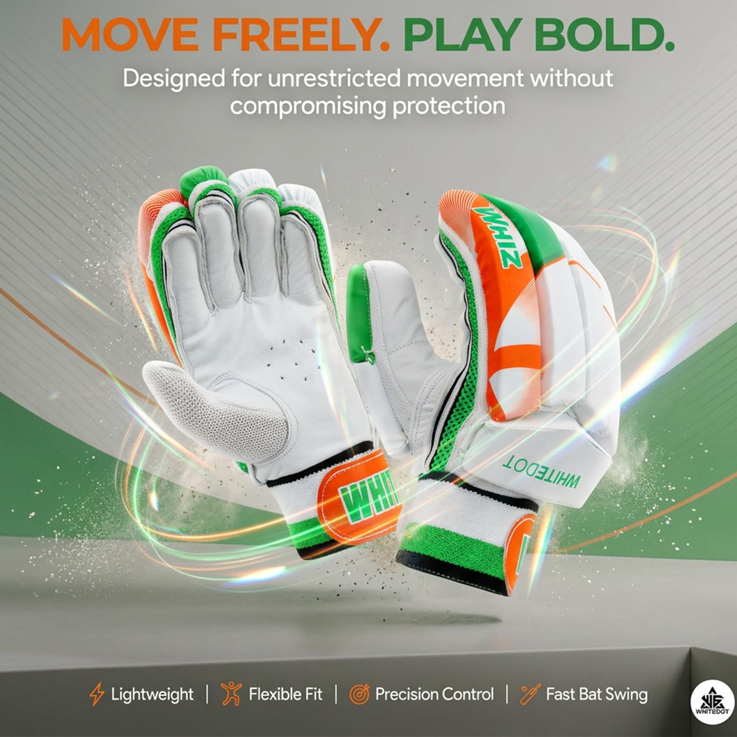 WHITEDOT Sports Whiz Leather Cricket Batting Gloves, Multicolor, Suitable for Beginner and Intermediate Players, Mens Rh, One Size 4