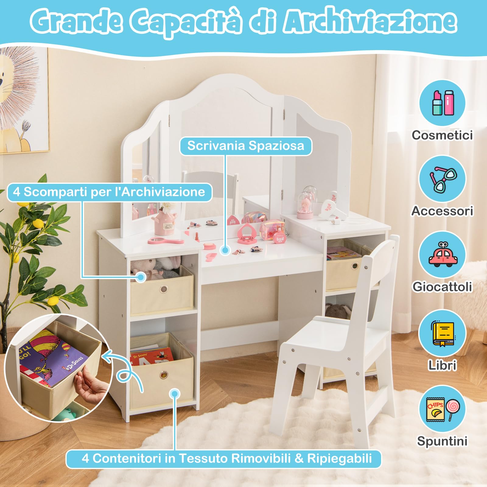 COSTWAY Toeletta Trucco 2 in 1 per Bambina, Specchiera Staccabile per Ragazza in Legno Robusto con 4 Cassetti in Tessuto, Sgabello e Specchio, Postazione Trucco per 3 Anni, 104 x 40 x 117 cm (Bianco)