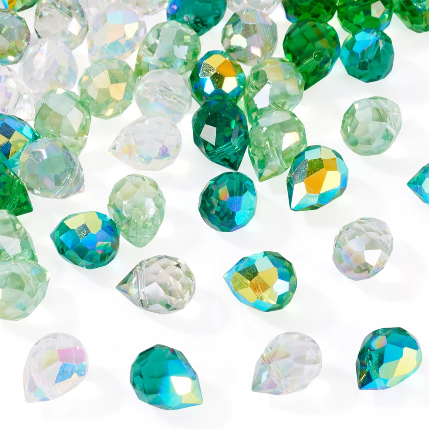 50pcs Teardrop Glass Beads for Jewelry Making Faceted Clear Crystal Beads Green Glass Teardrop Chandelier Shiny Pendants for DIY Craft Earring Necklaces Bracelets