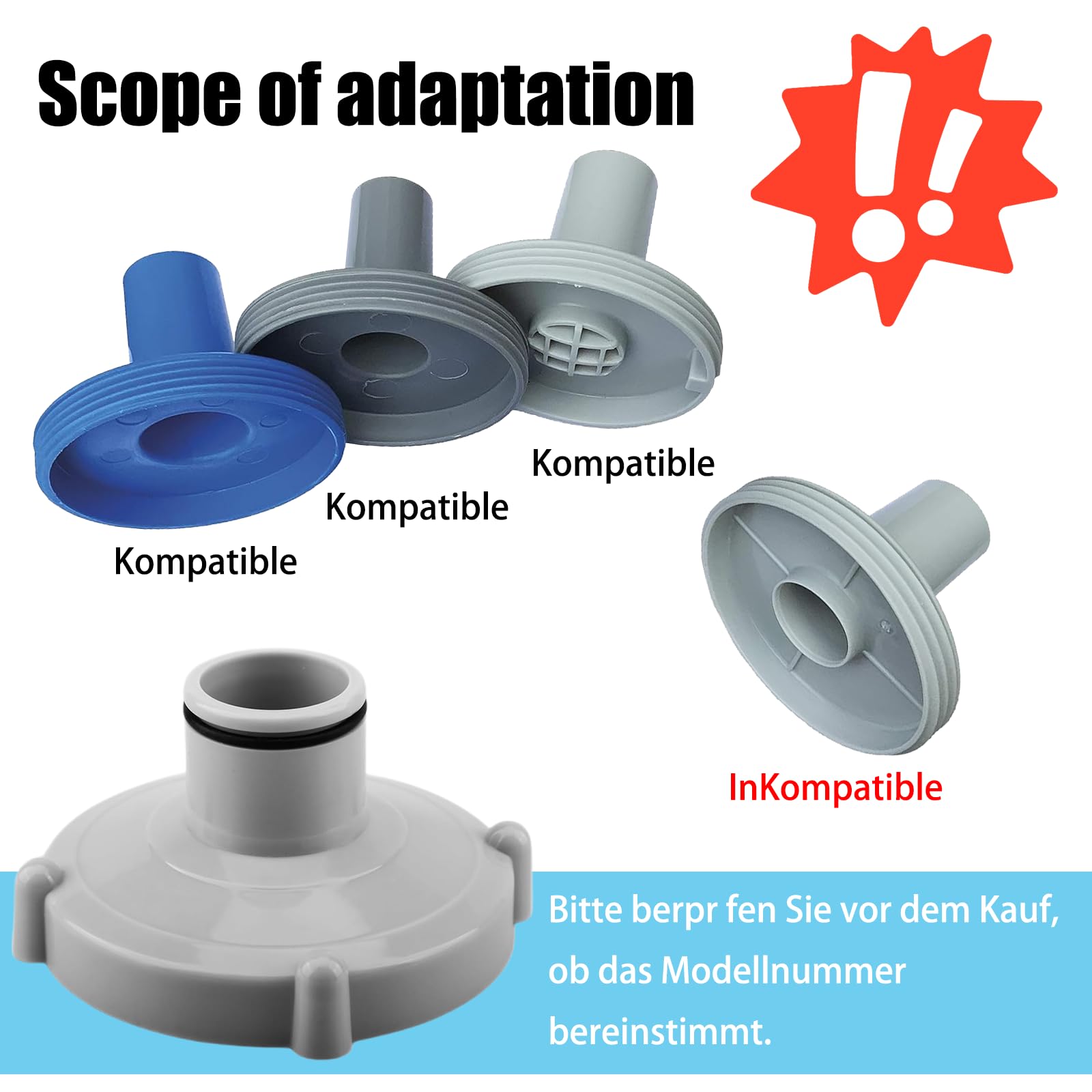 Adapter do odkurzacza basenowego, 2 szt., szary adapter, szybkie czyszczenie basenu, (Ø 80 mm do Ø 32 mm), idealny do różnych wymagań dotyczących czyszczenia basenu