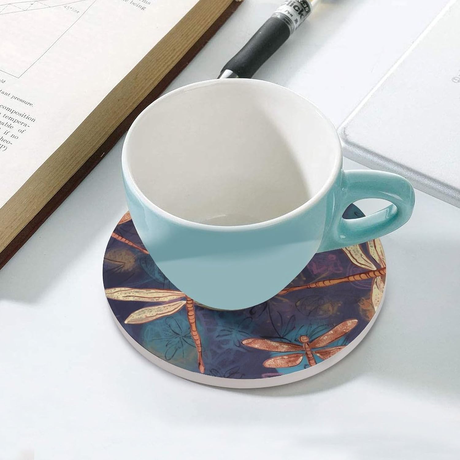 Hand Painted Dragonfly Coaster with Cork Base Drink Coasters for Coffee Table Decor Modern Cup Coasters with Non-Slip & Heat-Resistant Cute Ceramic Table Coaster for Home Dining