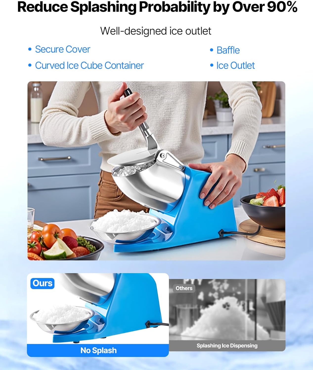 Three-step guide showing how to operate the ice crusher: place ice, press switch, push handle