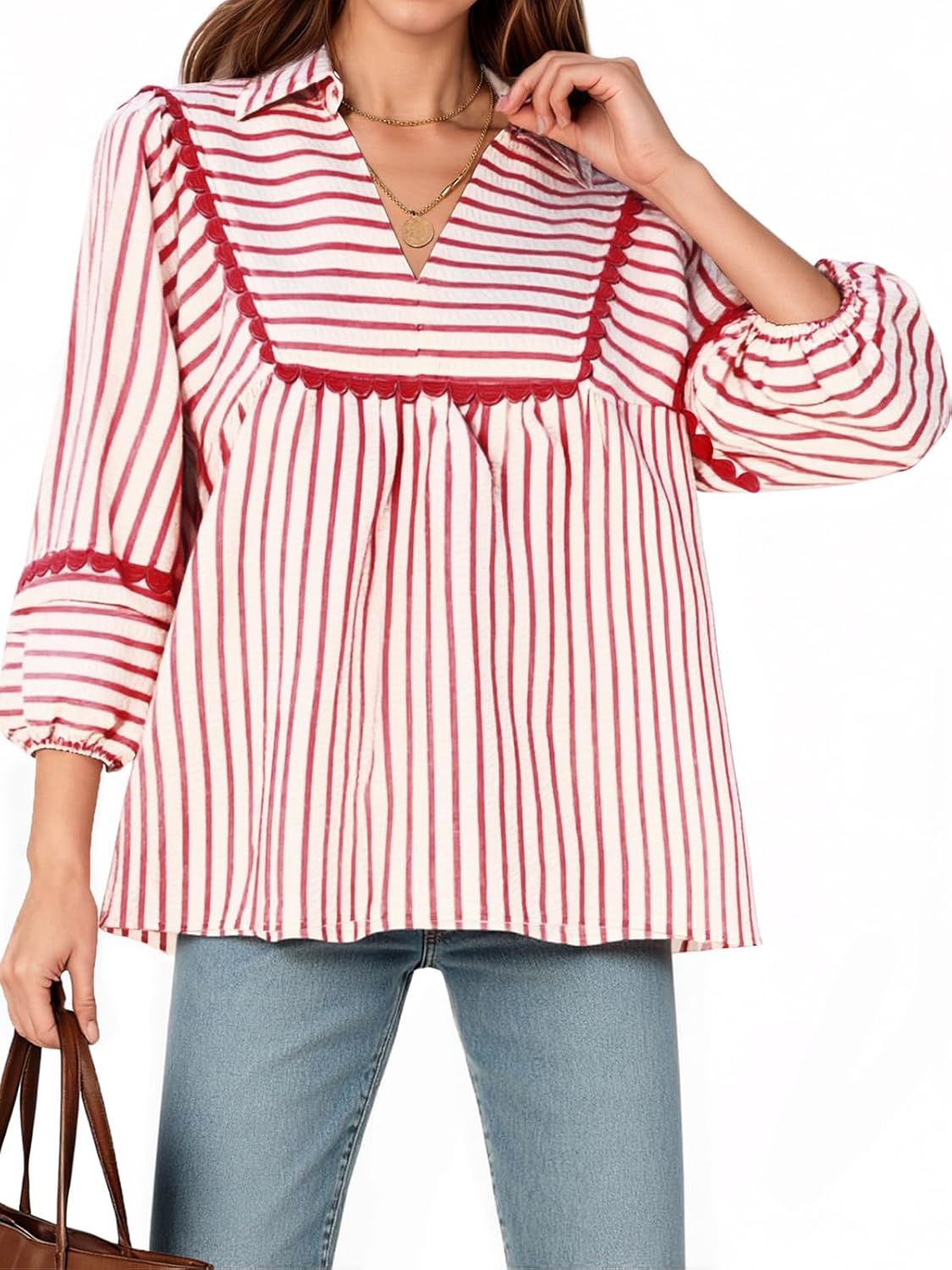 Tankaneo Womens Striped Babydoll Tops Oversized 3/4 Sleeve Peplum Blouse Loose Fit Pleated Cute Shirts