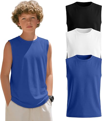 Langyiwee 3 Pack Boys' Tank Tops Muscle Shirts, 3-Color, 9-10 Years