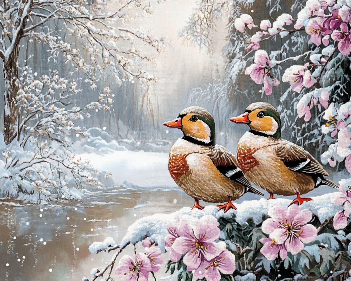 AxiangziK 12x16in Stamped Cross Stitch Kits for Beginners,Ducks and Flowers in the Snow DIY Cross Stitch Patterns Kits for Adults,11 CT Arts Craft for Home Decor