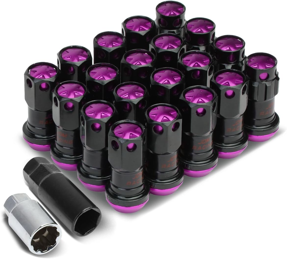 DNA Motoring M12x1.5 Closed End Lug Nuts, 16 Pcs Universal Hex Wheel Nut+4 Pcs Spline Lock Nut w/Adapter Keys for Aftermarket Wheels, Purple Accents for Conical Seat Wheels, LN-ZTL-9016-15-PP