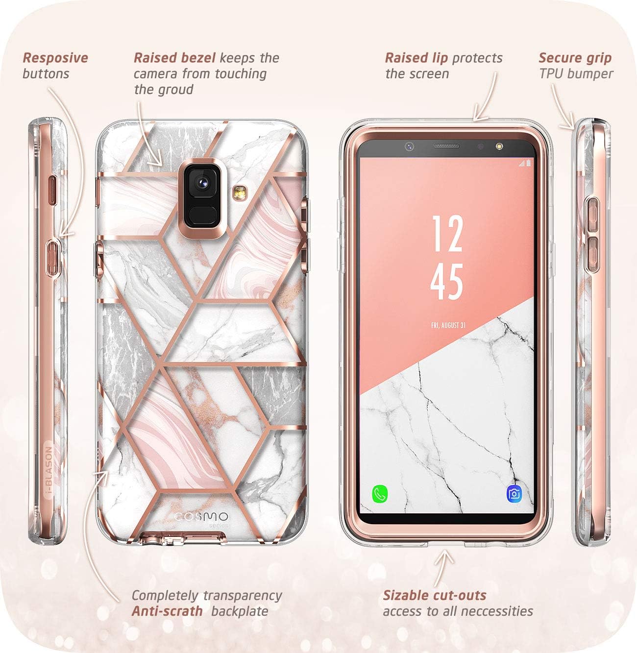 i-Blason Designed for Samsung Galaxy A6 Case, Cosmo Series Built-in Screen Protector Full-Body Glitter Sparkle Bumper Protective Case for Galaxy A6 (2018 Release) (Marble)