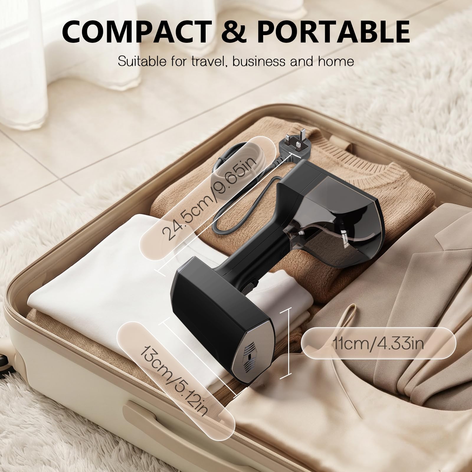 Cadrim Steamer - Piastra a vapore, 1800 W, potente 2 in 1, ferro da stiro a vapore portatile da 350 ml, potenza vapore 45 g/min, 3 livelli di vapore, vaporizzatore da viaggio per casa, ufficio (nero)
