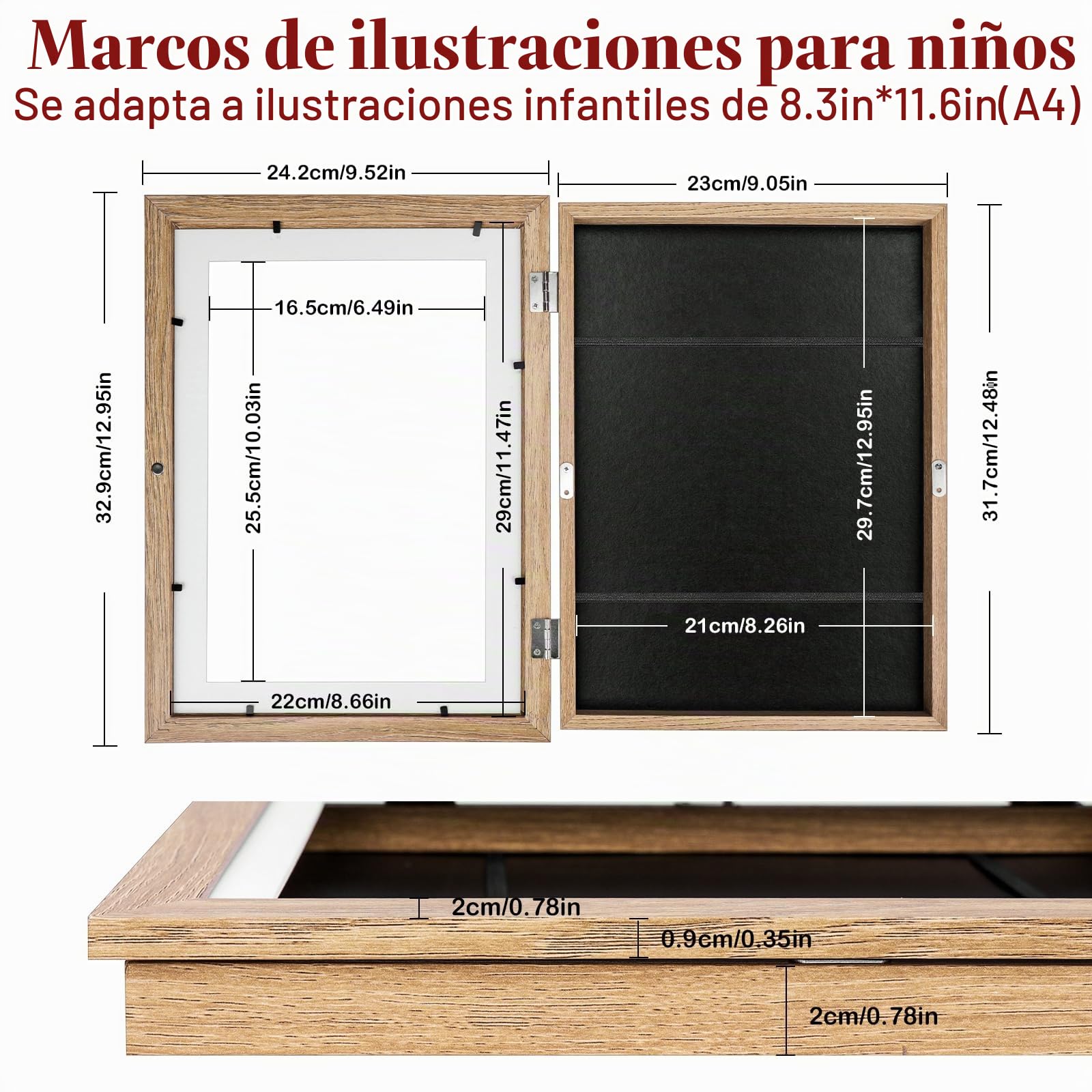 SelfTek Marco Dibujos Infantiles A4, Pack de 2 Marcos para Dibujos Niños con Soporte, Apertura Frontal Magnética, Hasta 150 Dibujos, Ideal para Casa, Escuela, Regalo (Madera)