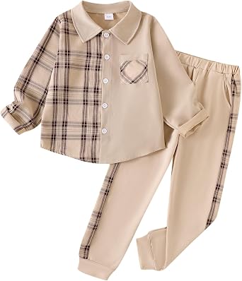 Boy Clothes Fall Winter Outfits Long Sleeve Plaid Patchwork Button Down Shirt + Casual Pocket Sweatpants 5-14 Years