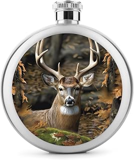 Camouflage Deer Hip Flask for Travel, Round Stainless Steel Flasks for Men Women, Portable Alcohol Bottle for Camping, Leakproof Flask Flagon for Activitie, 5 Oz