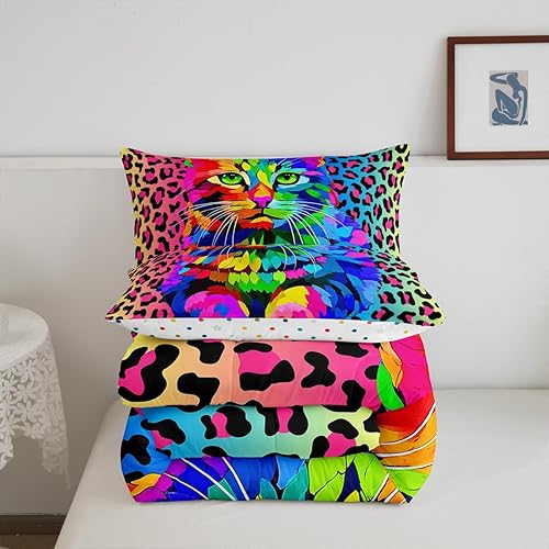 Miniatura 5 de Erosebridal Juego de edredón con estampado de leopardo, tamaño individual, juego de ropa de cama de gato teñido anudado arcoíris para niños y niñas,