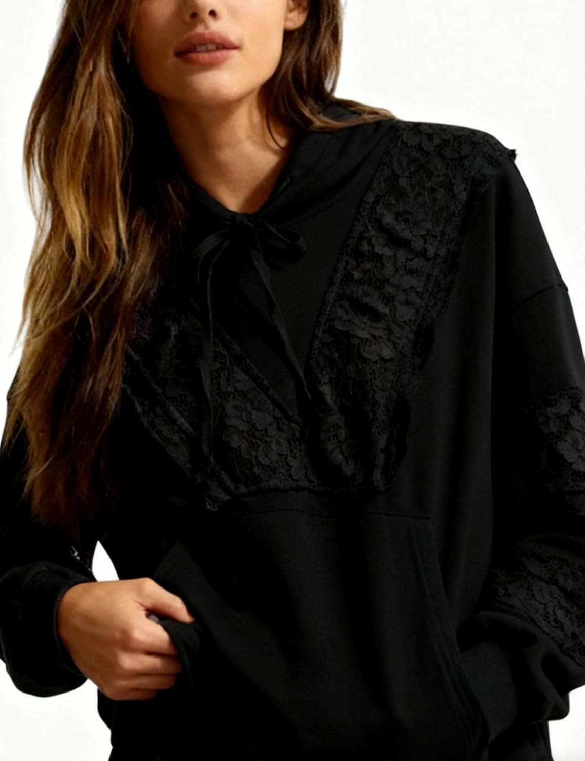 Women’s Pullover Hoodie Lace Eyelet Sweatshirt Long Sleeve Ruffle Trim Hoodie with Kangaroo Pocket - Image 2