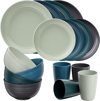 Quatish 16 Pcs Plates and Bowls Sets, Plastic Dinnerware Sets for 4, Green