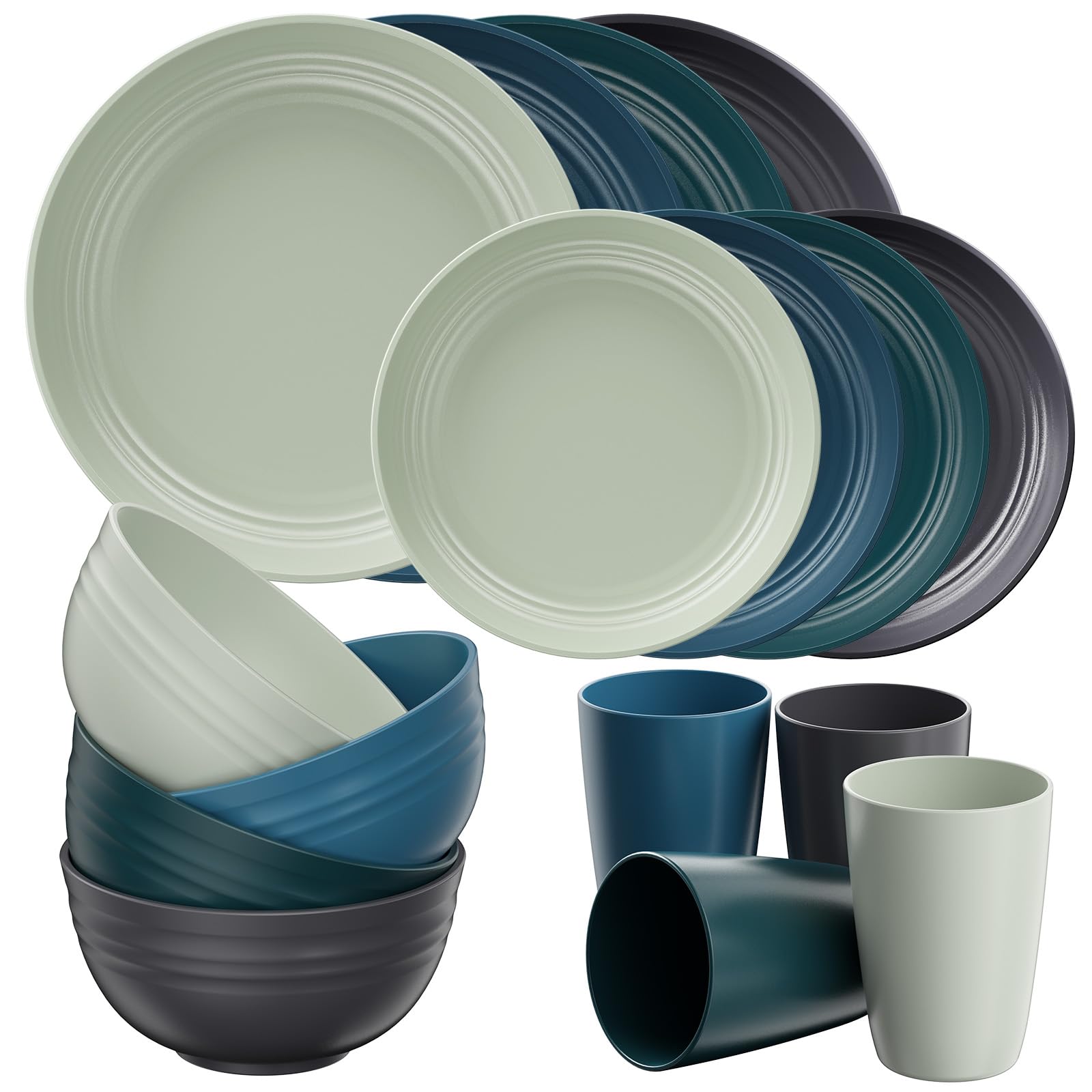 Quatish Kunststoff Geschirrset aus PP, Unzerbrechliches Camping Geschirr Set für 4 Personen, 16PCS Wiederverwendbare Tafel-Set für Kinder und Erwachsene, Geschirrspüler Mikrowelle Sicher, Grün