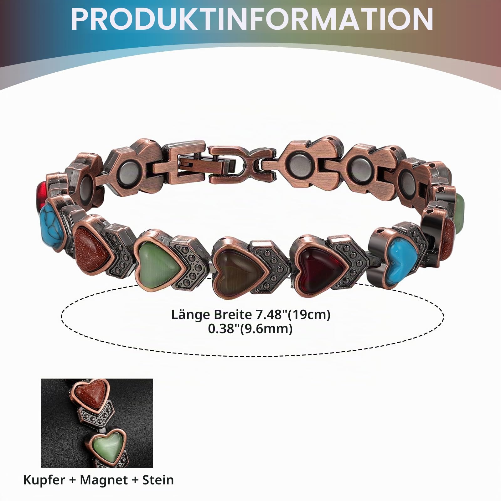 JewelryWe Kupfer Magnetarmband mit Türkis für Damen, Antik Magnetisch Kupferarmband Herz Sechseck Rechteck Link Verstellbares Armband mit Gauss Magneten reines Kupferschmuck für Frau Mutter