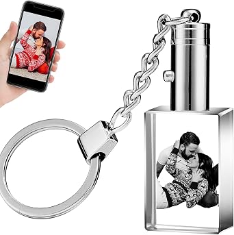Aolun Personalised Crystal Photo Keychain with Picture,Custom Engraved Crystal Keyring with LED Light for Valentines Day Wedding Anniversary Birthday Christmas