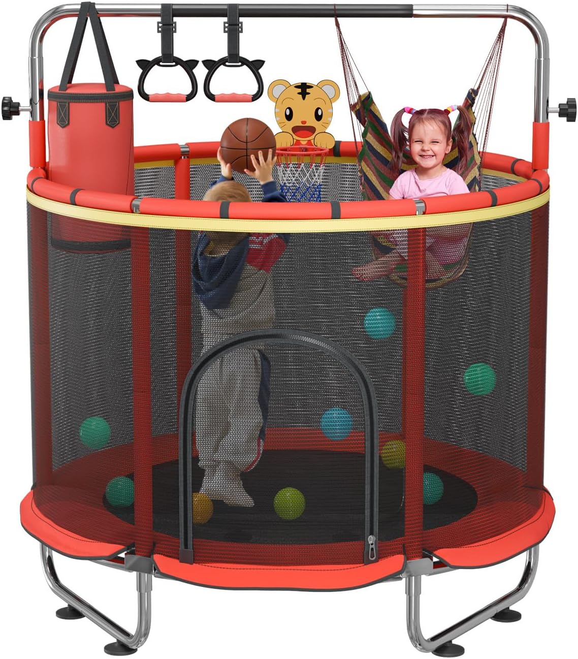 60" Trampoline for Kids with Enclosure Net,500lbs Capacity Toddler Trampolines Indoor & Outdoor,Kids Trampoline with 5ft Adjustable Gymnastic Bar,Gift for Boys & Girls