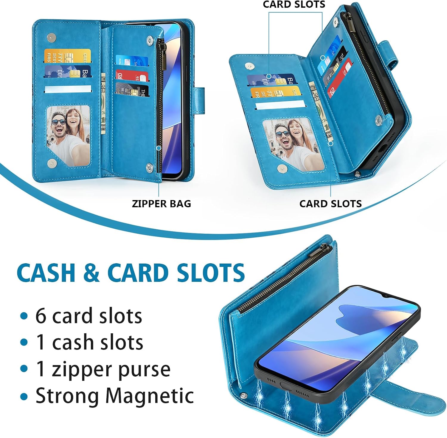 Asuwish Phone Case for Samsung Galaxy A16 5G/4G Zipper Wallet Magnetic Detachable Cell Cover with Tempered Glass Screen Protector Crossbody Lanyard Strap Flower Card Holder A 16 Women Men Girls Blue