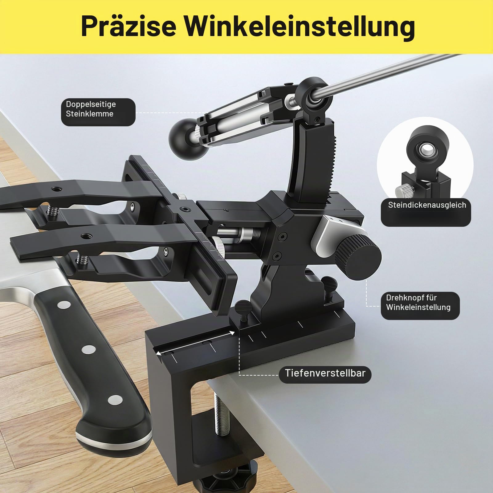 Präzisions Messerschärfe, Manuelles Messerschärfsystem aus CNC Aluminium mit 360° Flip & zweiseitiger Steinklemme Inkl 6 Schleifsteine (240-8000#) & Stabiler Tischklemme