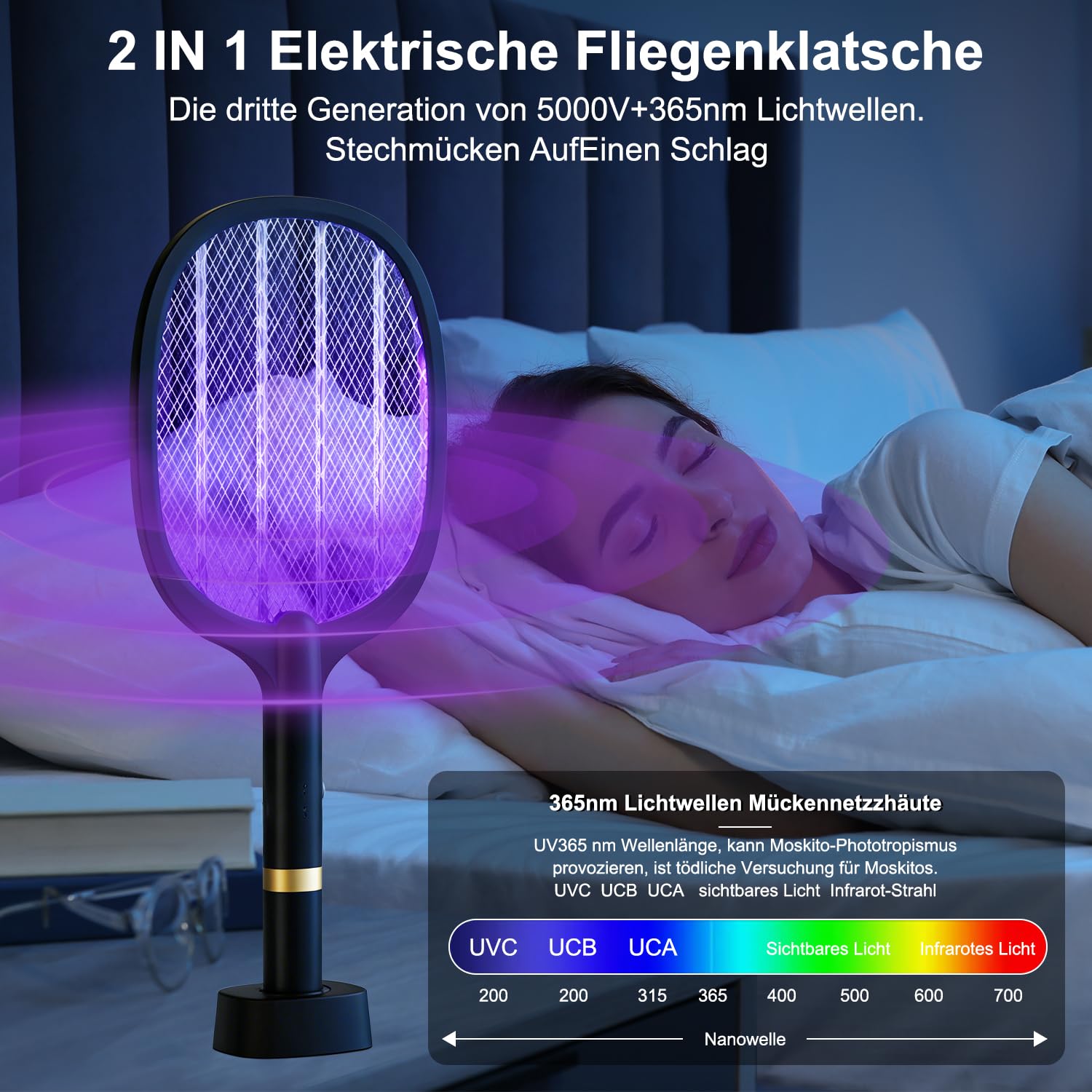 Raqueta Mosquitos Electrica 2 en 1 5000V Mata Mosquitos Electrico USB Recargable 1800mAh pour Intérieur et Extérieur Negro - 5