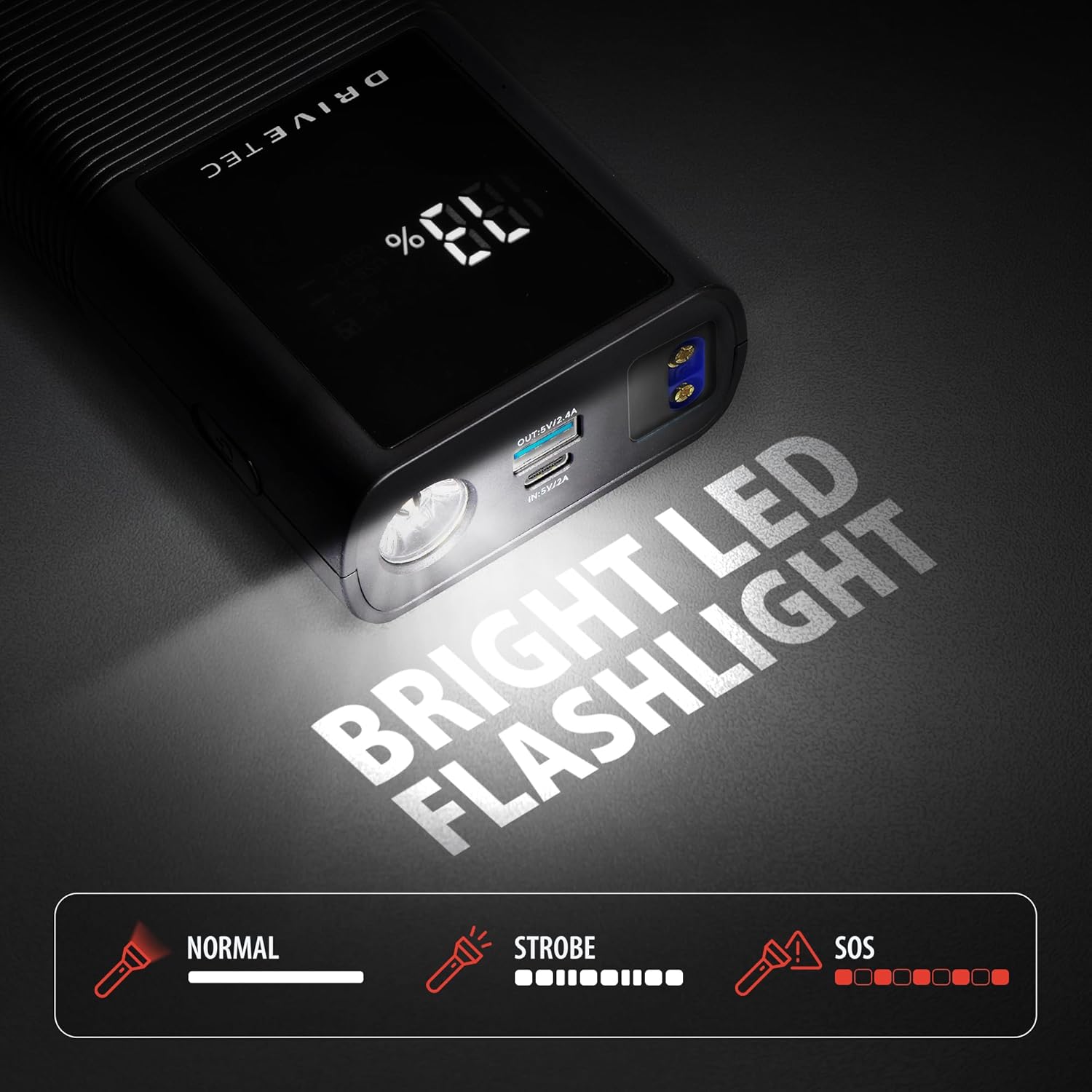 3-in-1 Portable Car Jump Starter – 1000A Battery Booster for 12V Vehicles, Up to 6L Gas & 3L Diesel – Compact Power Bank with LCD Display, USB-C, LED Flashlight, Smart Safety Clamps