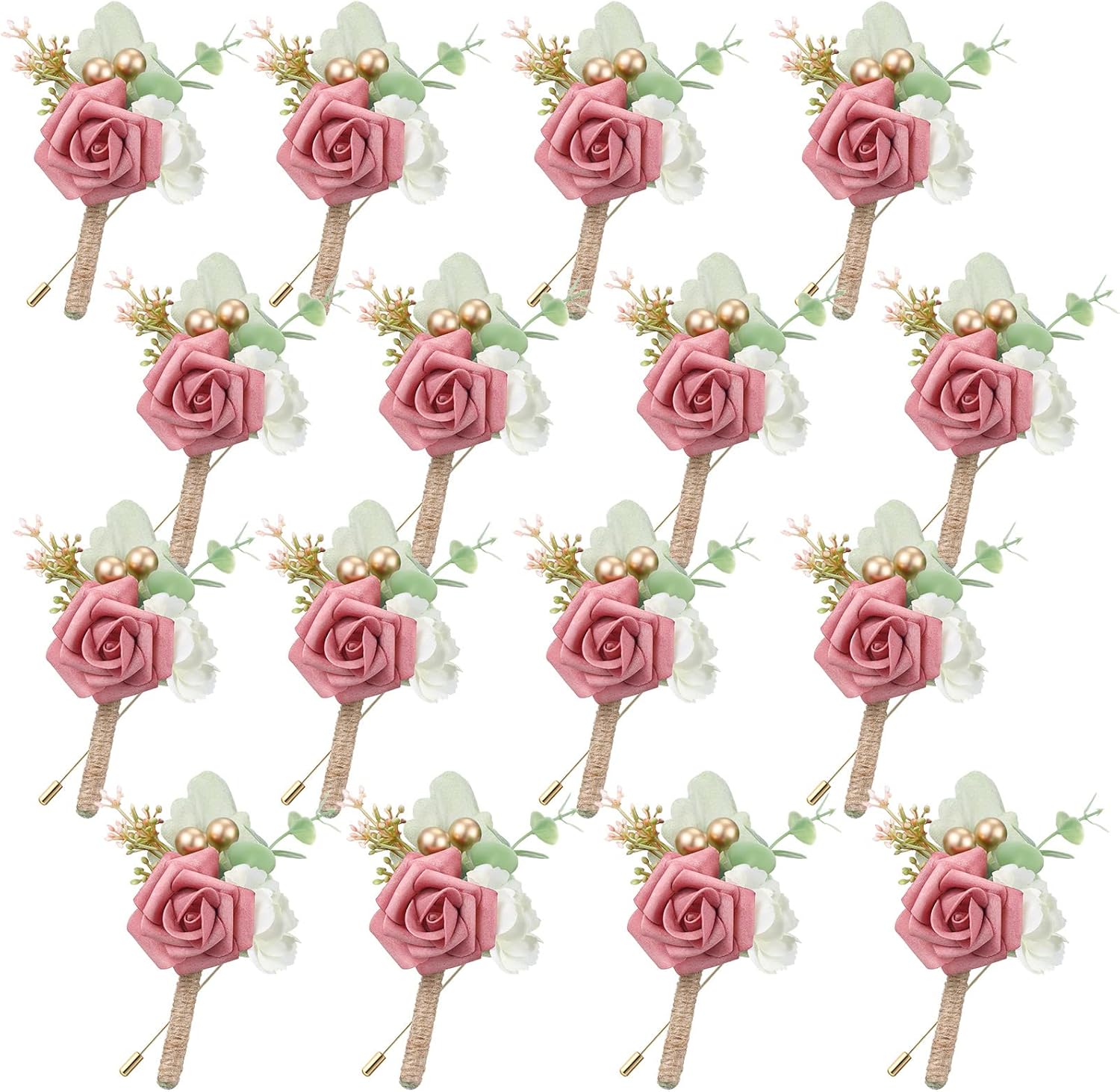 Crowye 16 Pcs Boutonniere for Men Wedding with Pins Set Groom and Groomsmen Ceremony Anniversary Corsage Wedding Flowers Artificial Bouquets for Formal Dinner Party Fall Vintage Prom (Dusty Rose)
