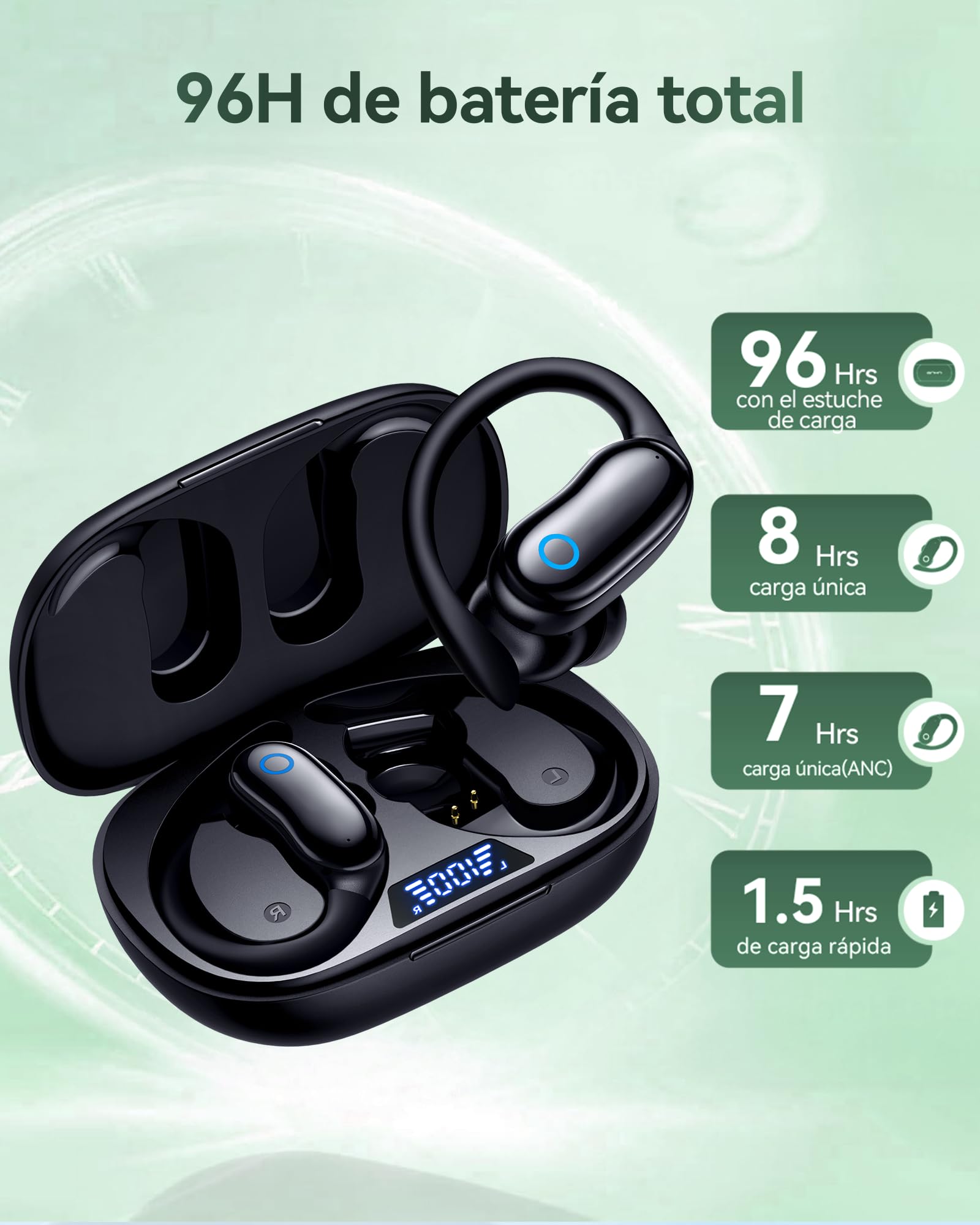 Auriculares Inalámbricos Deportivos Bluetooth con Gancho para Oreja, 96H Reproducción, ANC -30dB y ENC Mic, 16mm Bass Estéreo, IPX7 Impermeable, Pantalla LED – para Running y Entrenamiento
