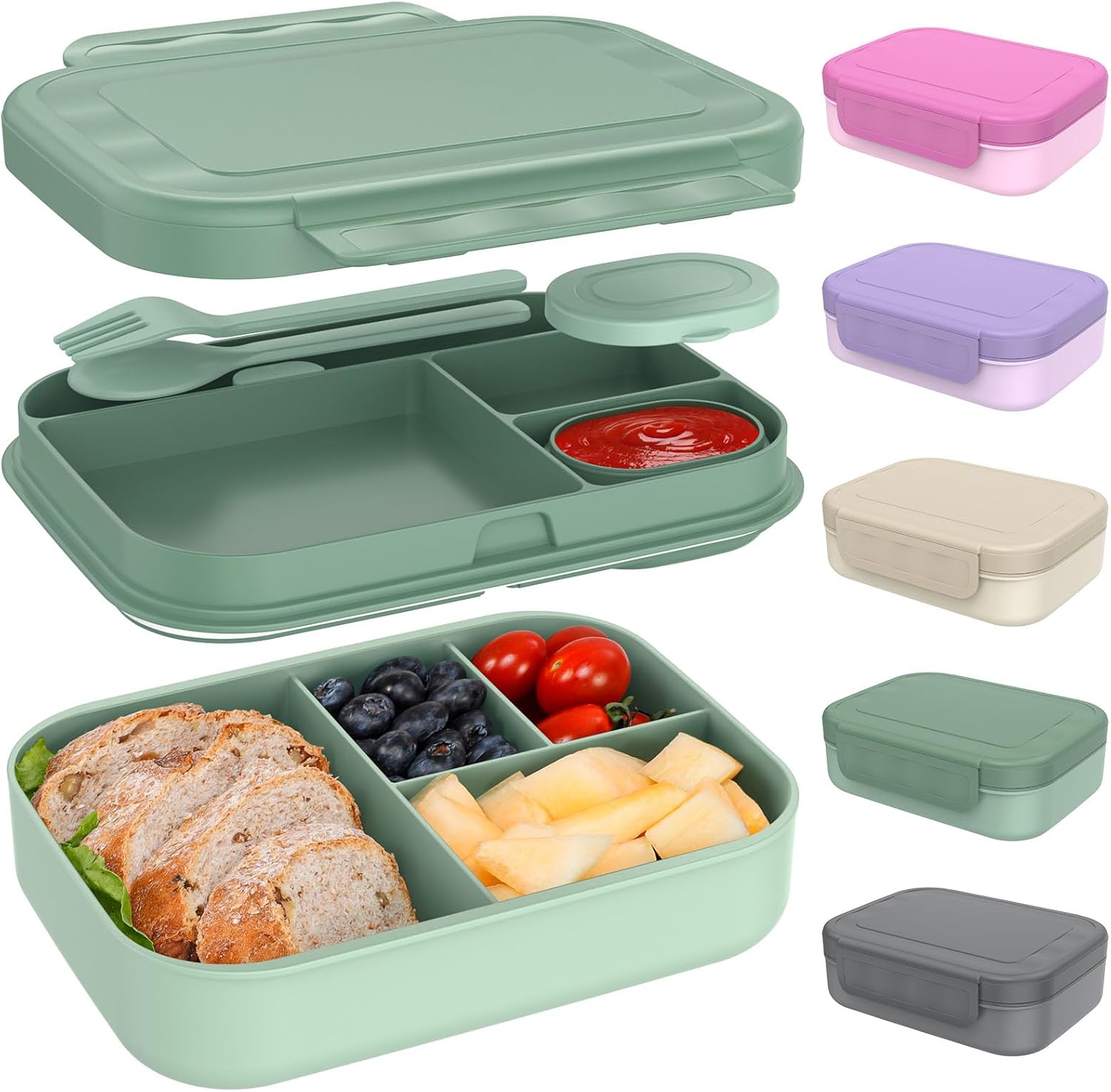 Caperci Stackable Bento Lunch Box for Adult & Teens - Reinforced Leak-Proof Lunch Container 4-Compartment with Utensils & Sauce Container, BPA-Free, Dishwasher/Microwave Safe, 47oz (Khaki Green)