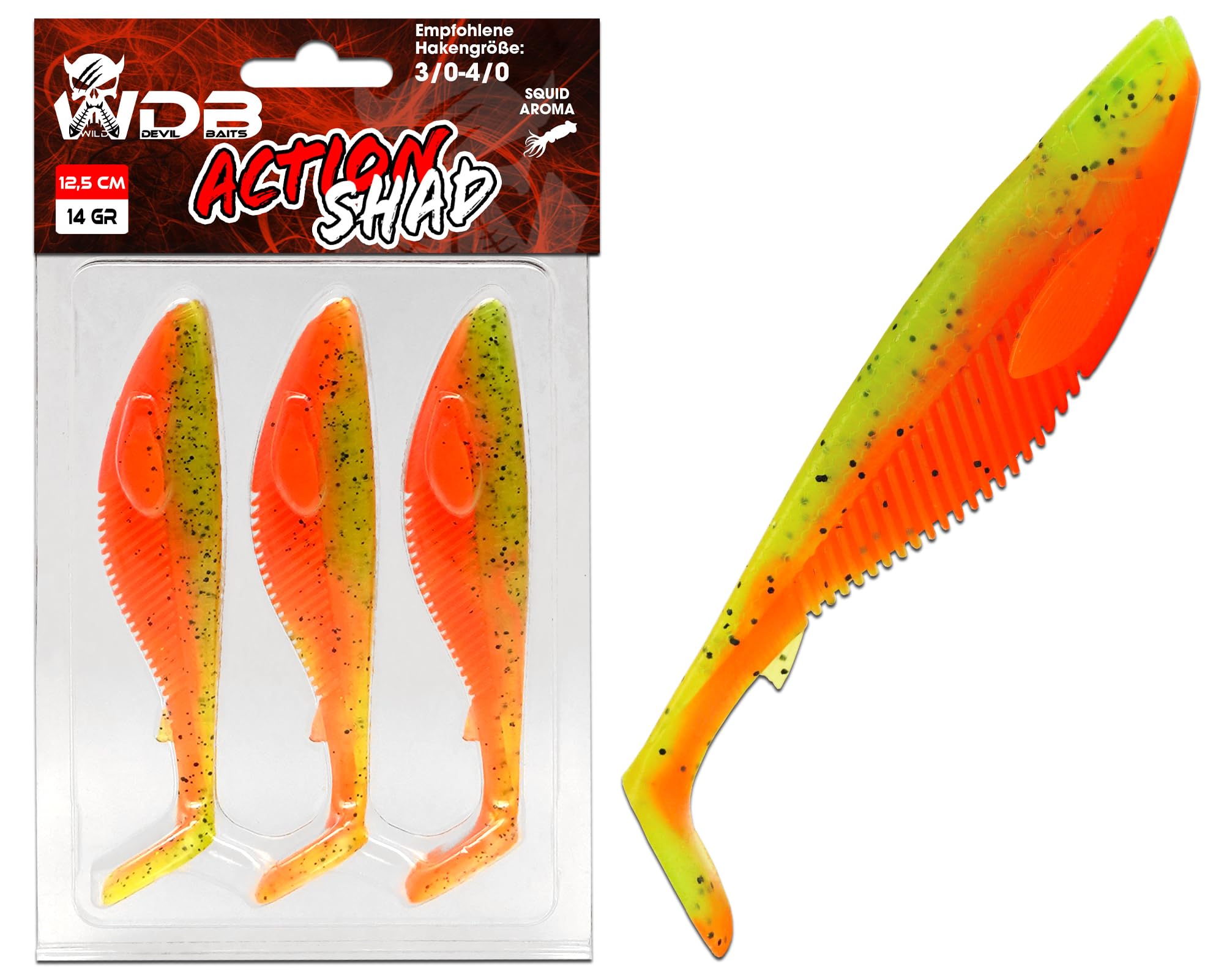Angel-Berger Wild Devil Baits Action Shad Rubber Fish Artificial Bait Softlure Rubber Bait Pike Perch Zander Fishing Lure Predator Fish Bait (Fire Tiger, 7.5 cm)