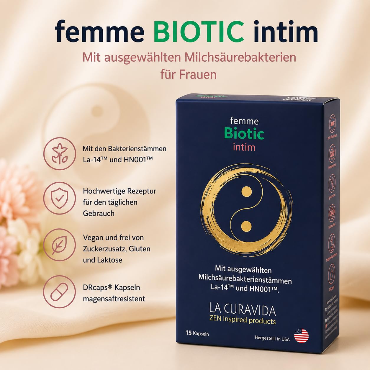 Femme Biotic Intim – Nahrungsergänzung mit ausgewählten Milchsäurebakterien für Frauen – Vegan – 15 Kapseln