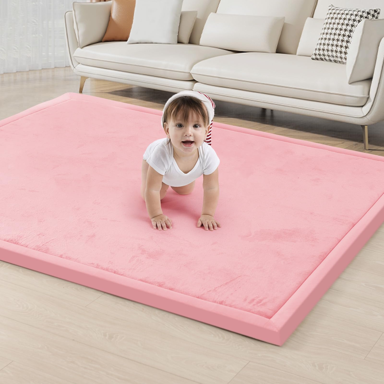 ACOMOPACK Baby Play Mat for Floor 1.3" Thick Memory Foam Play Mat 59"×71" Tummy Time Crawling with Non-Slip Bottom for Living Room,Nursery,Soft Velvet
