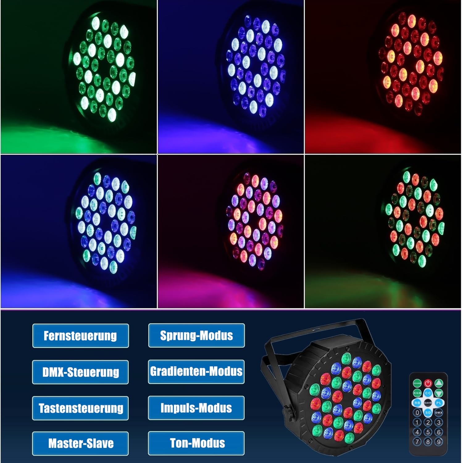 Par Licht Bühnenlicht, 36 LED RGB Partylicht Strahler Discolicht DMX Scheinwerfer mit Fernbedienung 4Modi Light für Bar, Bühnen, Party, DJ, Halloween, Weihnachten - 8Packs
