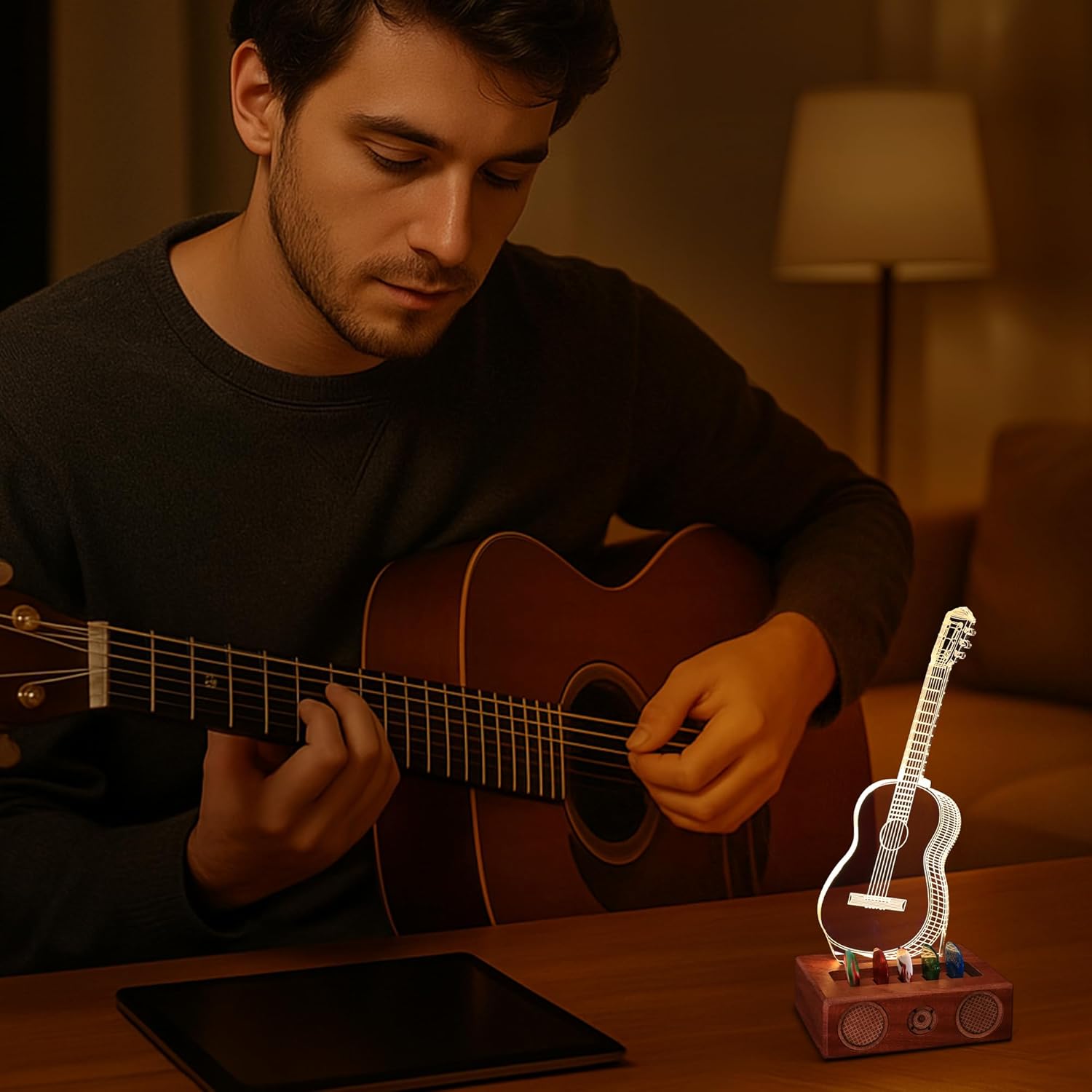 CoolGift Mart Light Up Guitar Pick Holder, Acrylic Acoustic Guitar Pick Holder with Vintage Audio Modeling Wooden Base for Picks Storage and Display, Gift for Guitar Players Guitarists