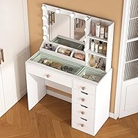 MakeupBeauty 35.4" White Vanity Desk with LED Mirror Lights, Tempered Glass Top, 5 Drawers & Adjustable 3-Mode Lighting for Bedroom