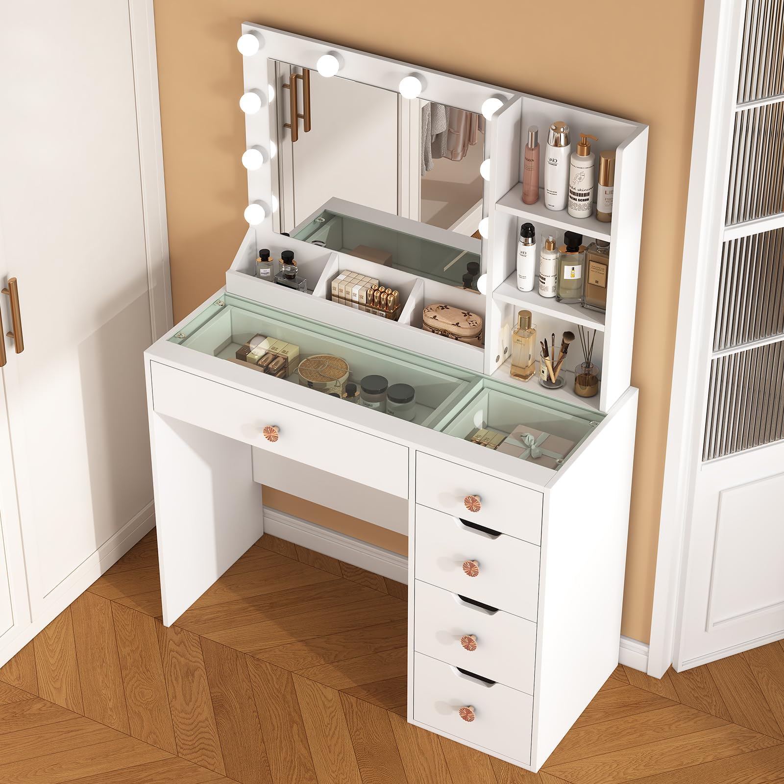 Makeup Vanity Desk with Mirror and Lights,35.4" White Vanity with Glass Top,Vanity Table with 5 Drawers,3 Lighting Modes & Brightness Adjustable Dressing Table for Bedroom