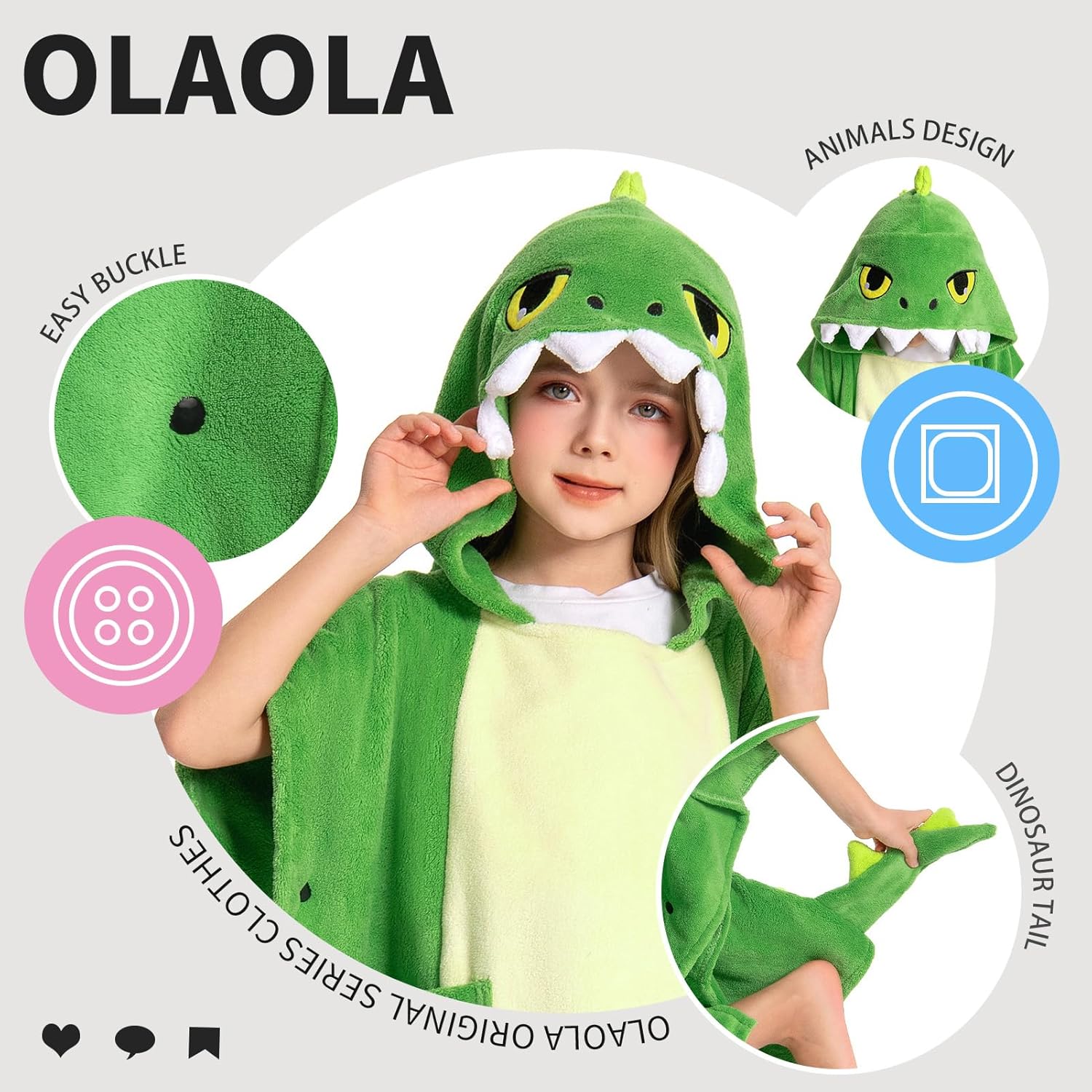 OLAOLA Dinosaur Hooded Kids Beach Towels for 3-12 Years Boys Girls, Soft Absorbent Kids Hooded Bath Towel Wrap, Toddler Pool Swim Towel with Hood