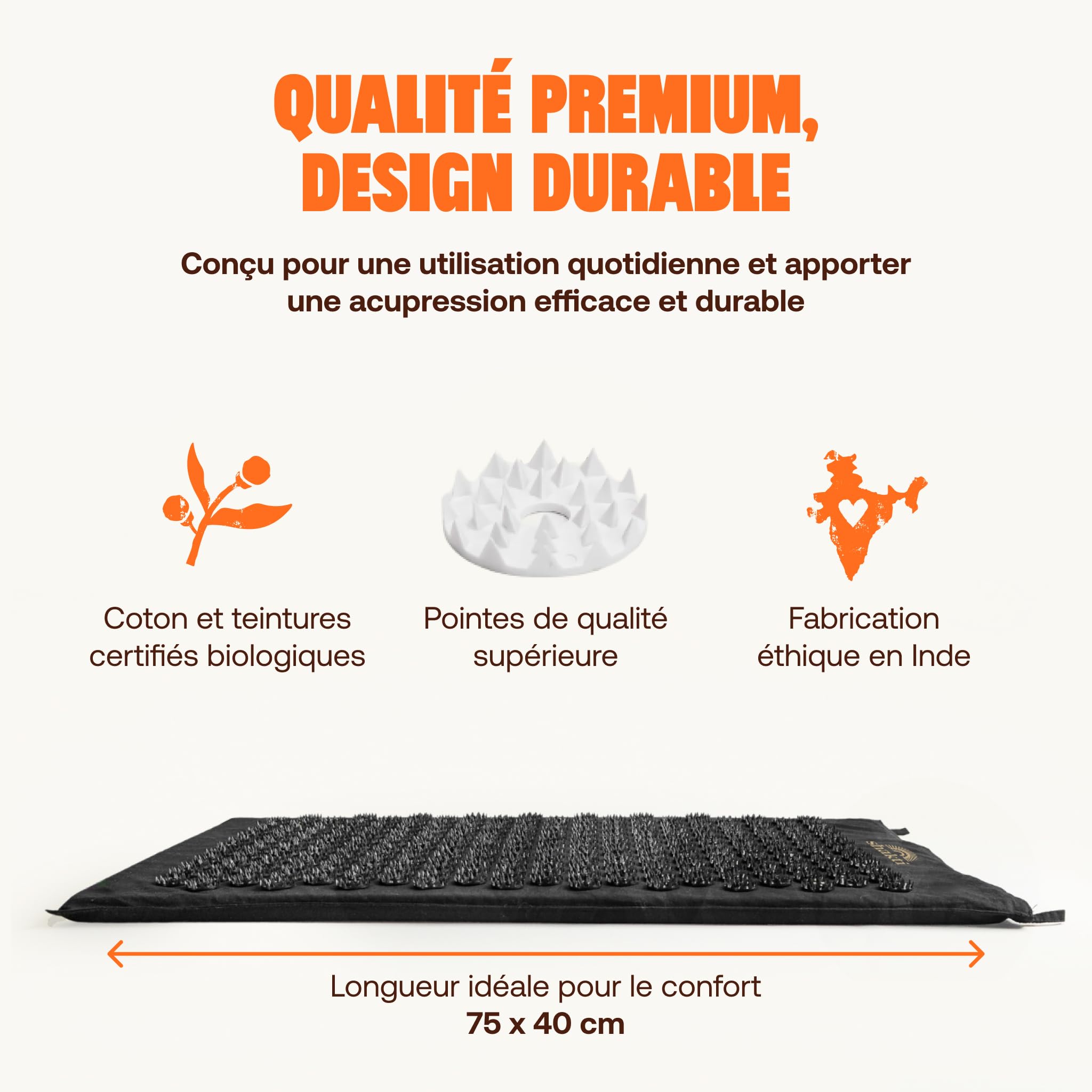 ShaktiMat [L'original] Tapis Acupression - Coton Biologique - Fabrication éthique - Soulage douleur dans le Dos, Pieds, Nuque, Jambes - Améliore circulation sanguine & Sommeil - Anti-Stress - Noir