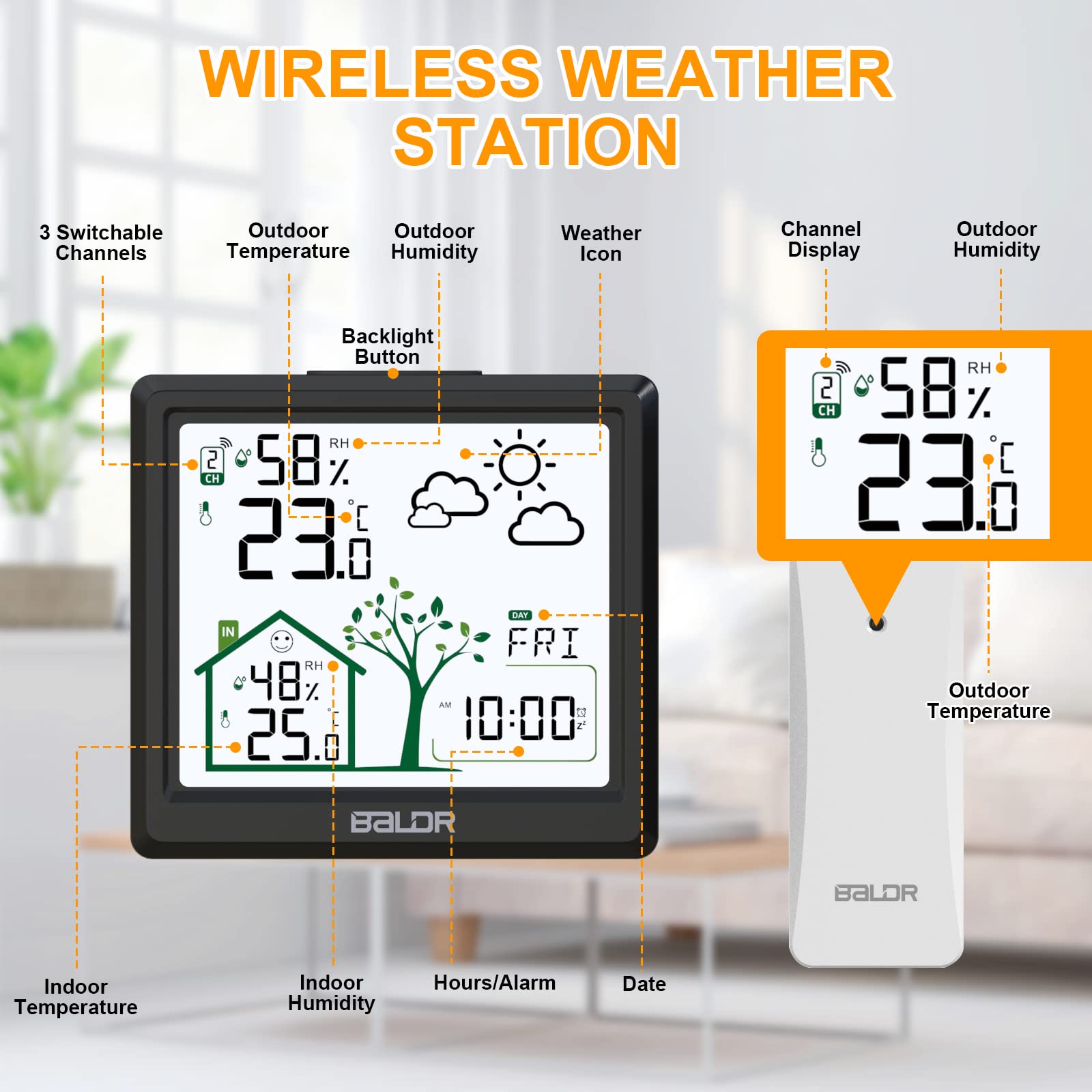 LEVIPE Stazione Meteorologica con Sensore Esterno, Wireless con Sveglia, Tempo Data Temperatura umidità Previsioni di Tempo, Fase Lunare, Previsioni, Retroilluminazione Regolabile, Nero