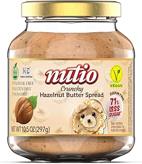 Nutio Crunchy Hazelnut Butter Spread, More Hazelnut, Less Sugar, Low Carb, Keto Friendly, Vegan, Palm Oil and Gluten Free, Non GMO, Sodium and Cocoa Free, 10.5 oz (1 Pack) Glass Jar