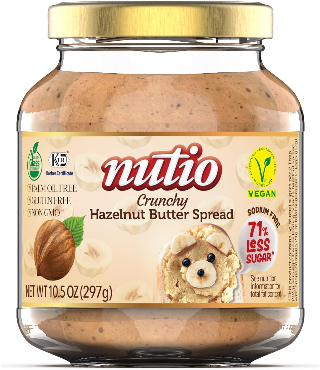 Nutio Crunchy Hazelnut Butter Spread, More Hazelnut, Less Sugar, Low Carb, Keto Friendly, Vegan, Palm Oil and Gluten Free, Non GMO, Sodium and Cocoa Free, 10.5 oz (1 Pack) Glass Jar